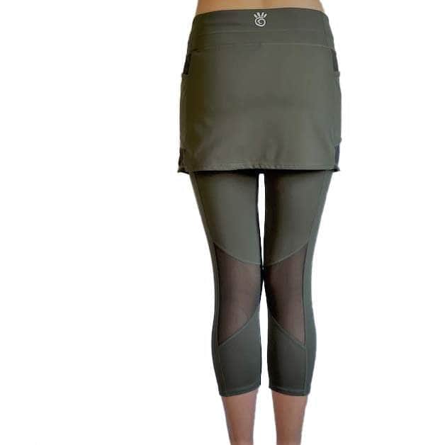 Sol Sister Sport: Olive Mid-Calf Mesh Skirted Leggings with Pockets
