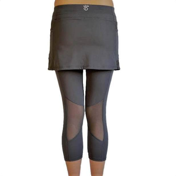 Sol Sister Sport: Steel Grey Mid-Calf Mesh Skirted Leggings with Pockets