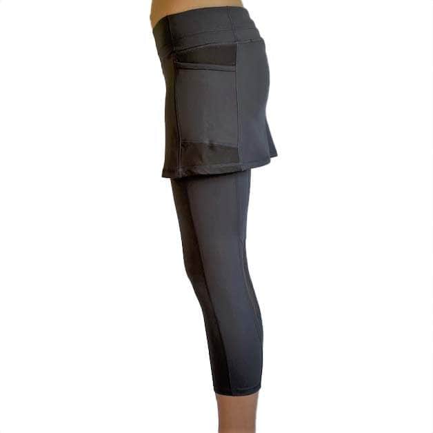 Sol Sister Sport: Steel Grey Mid-Calf Mesh Skirted Leggings with Pockets