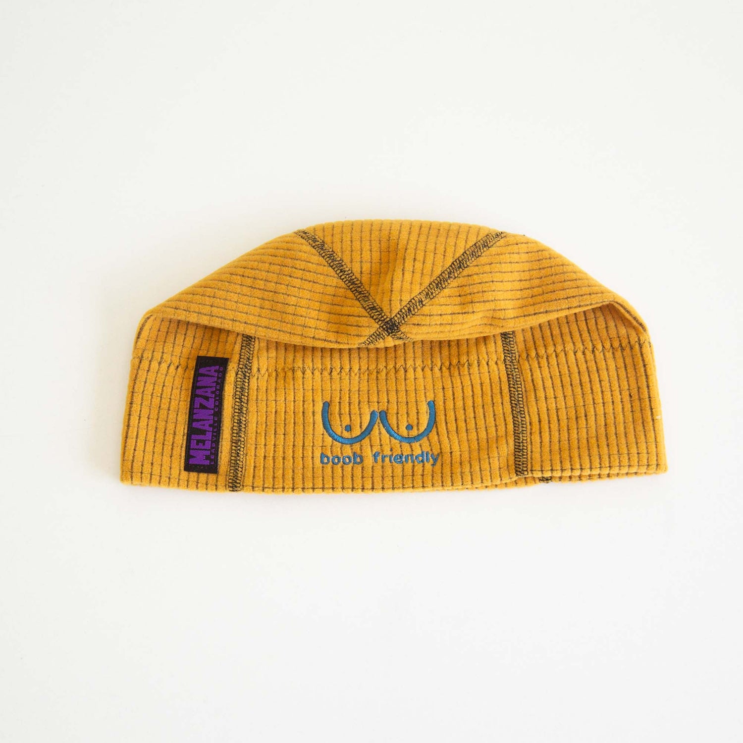 Yellow beanie with a logo and text on a white background
