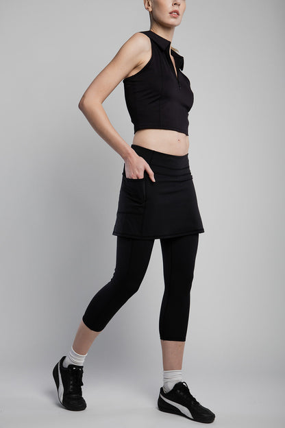 Sol Sister Sport: Black Mid-Calf Skirted Leggings with Pockets