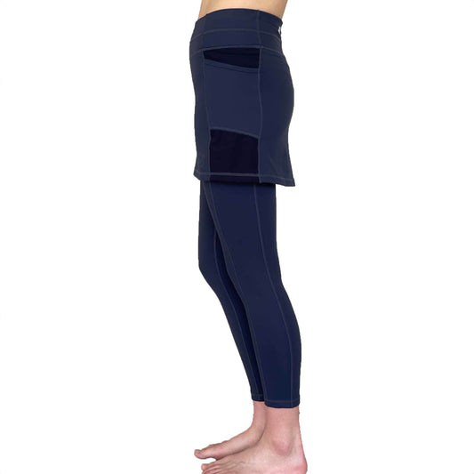 Sol Sister Sport: Midnight Dark Navy Blue 7/8th's Ankle Length Skirted Leggings with Pockets