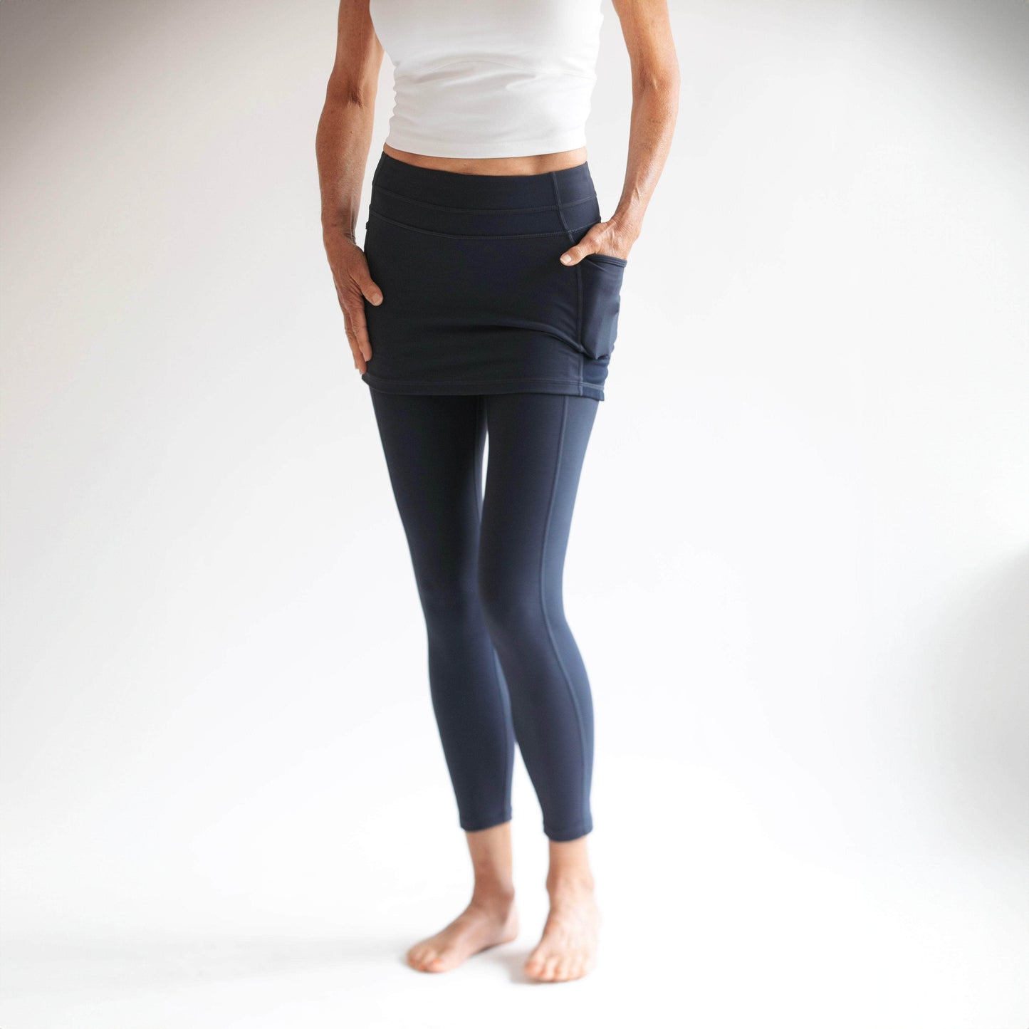 Sol Sister Sport: Midnight Dark Navy Blue 7/8th's Ankle Length Skirted Leggings with Pockets