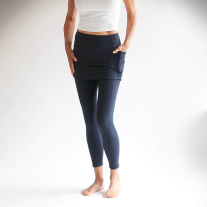 Sol Sister Sport: Midnight Dark Navy Blue 7/8th's Ankle Length Skirted Leggings with Pockets