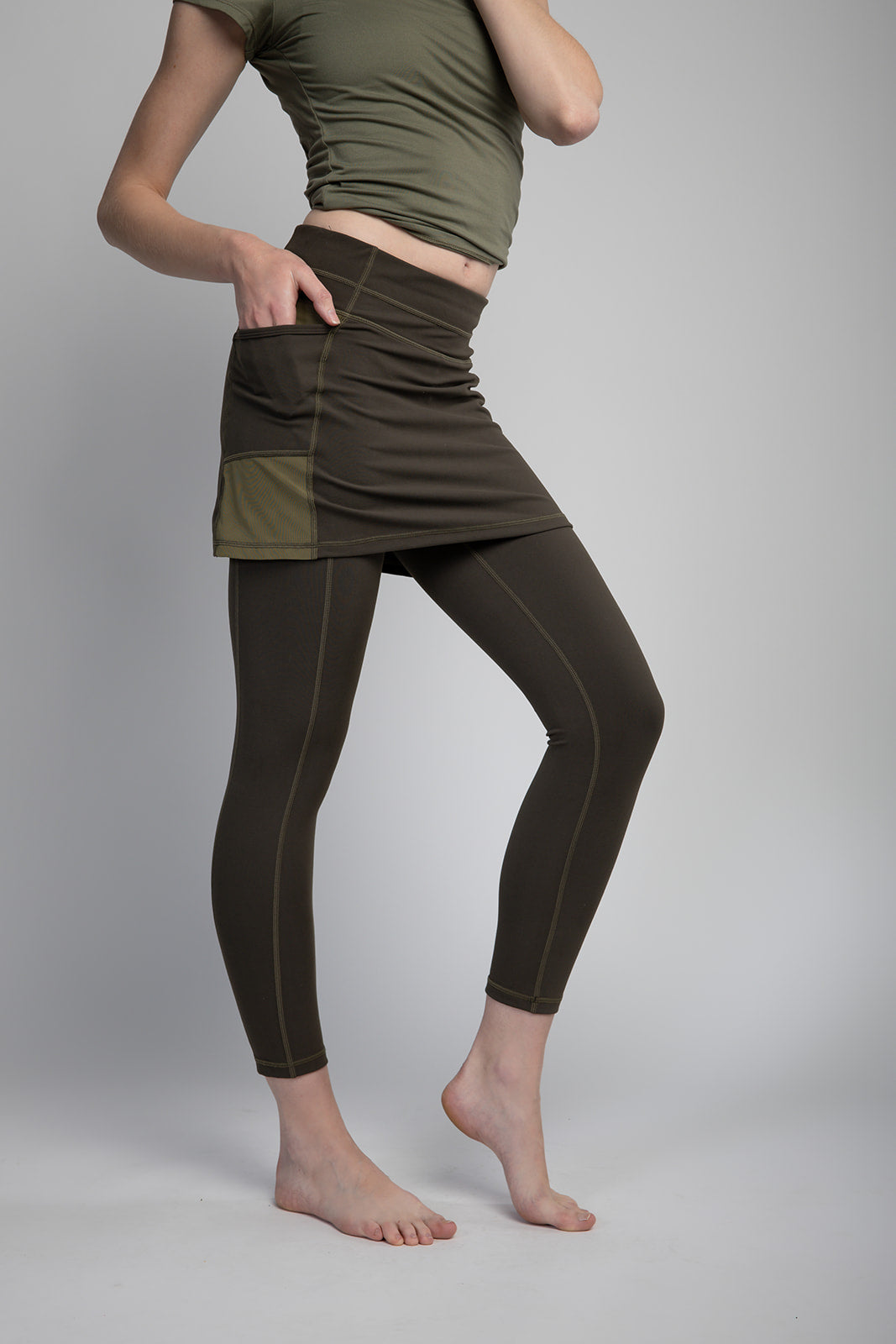 Sol Sister Sport: Olive 7/8th's Ankle Length Skirted Leggings with Pockets