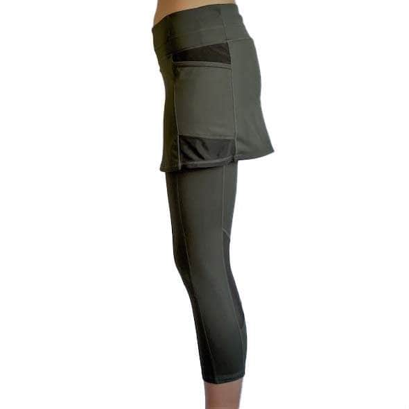 Sol Sister Sport: Olive Mid-Calf Mesh Skirted Leggings with Pockets