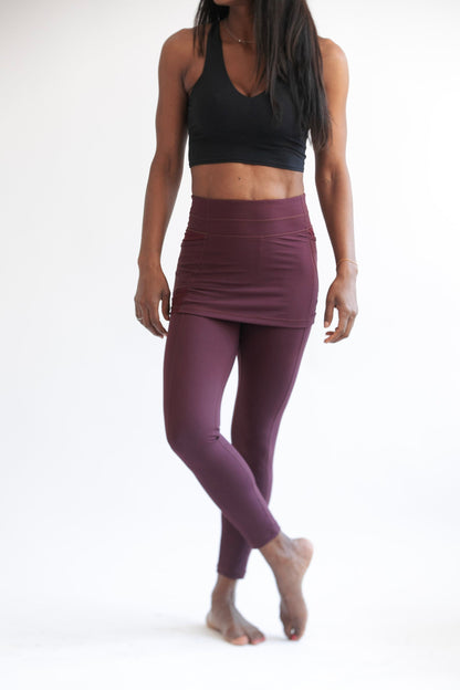 Sol Sister Sport: Maroon Skirted Leggings with Pockets 7/8th's Ankle Length