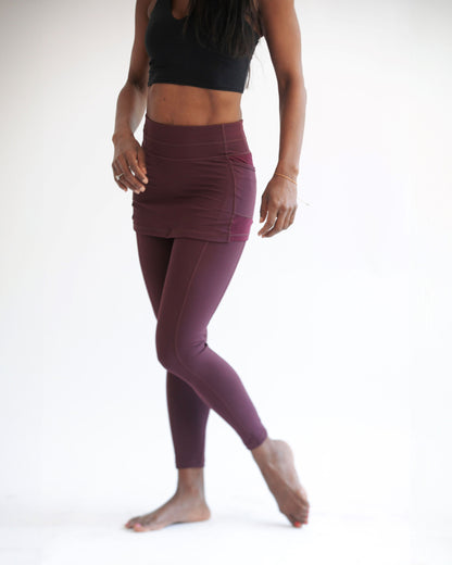 Sol Sister Sport: Maroon Skirted Leggings with Pockets 7/8th's Ankle Length